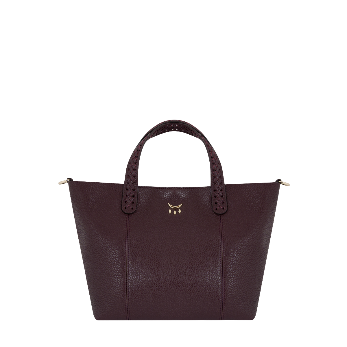 Burgundy leather handbag with gold accents on a white background